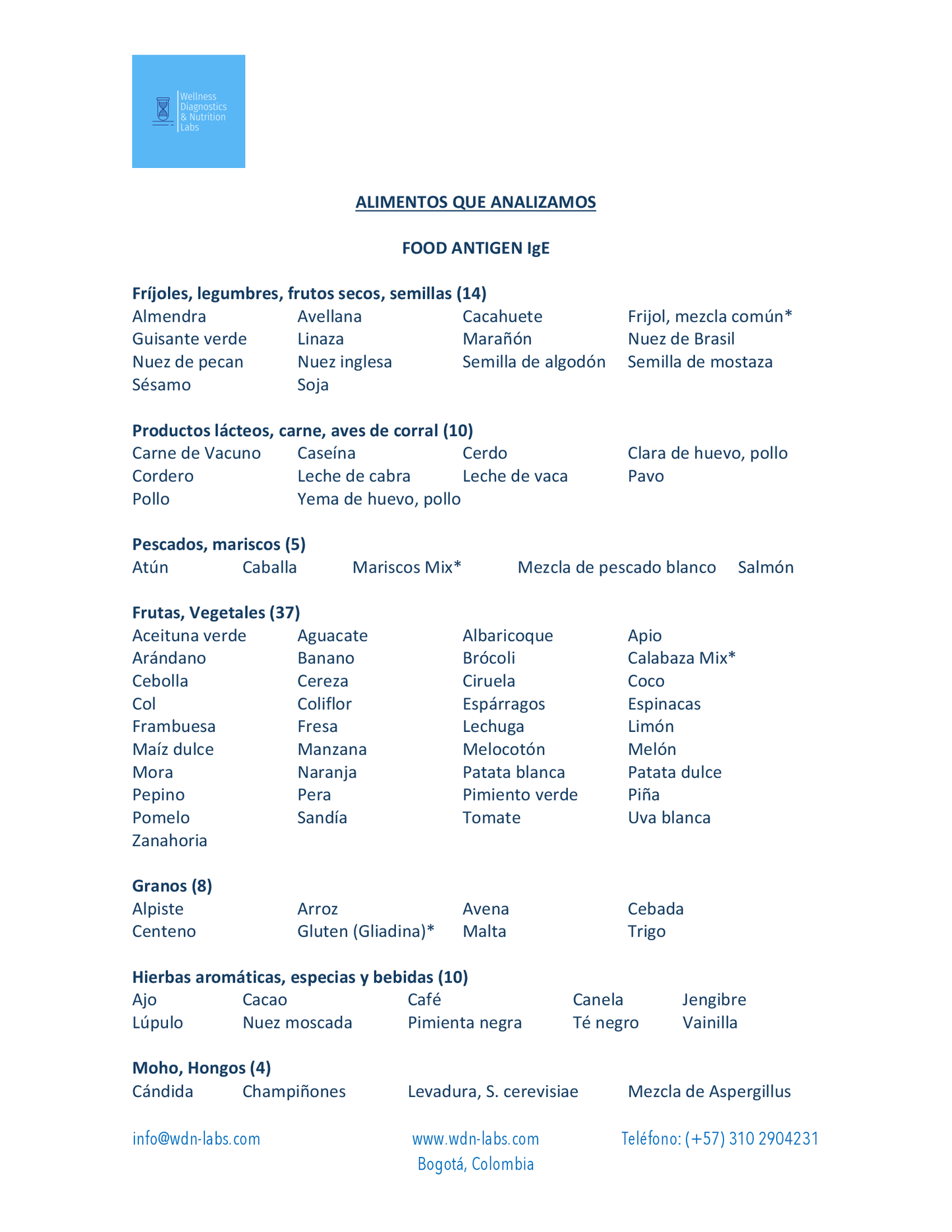 Alimentos Analizados Food Antigen IgE